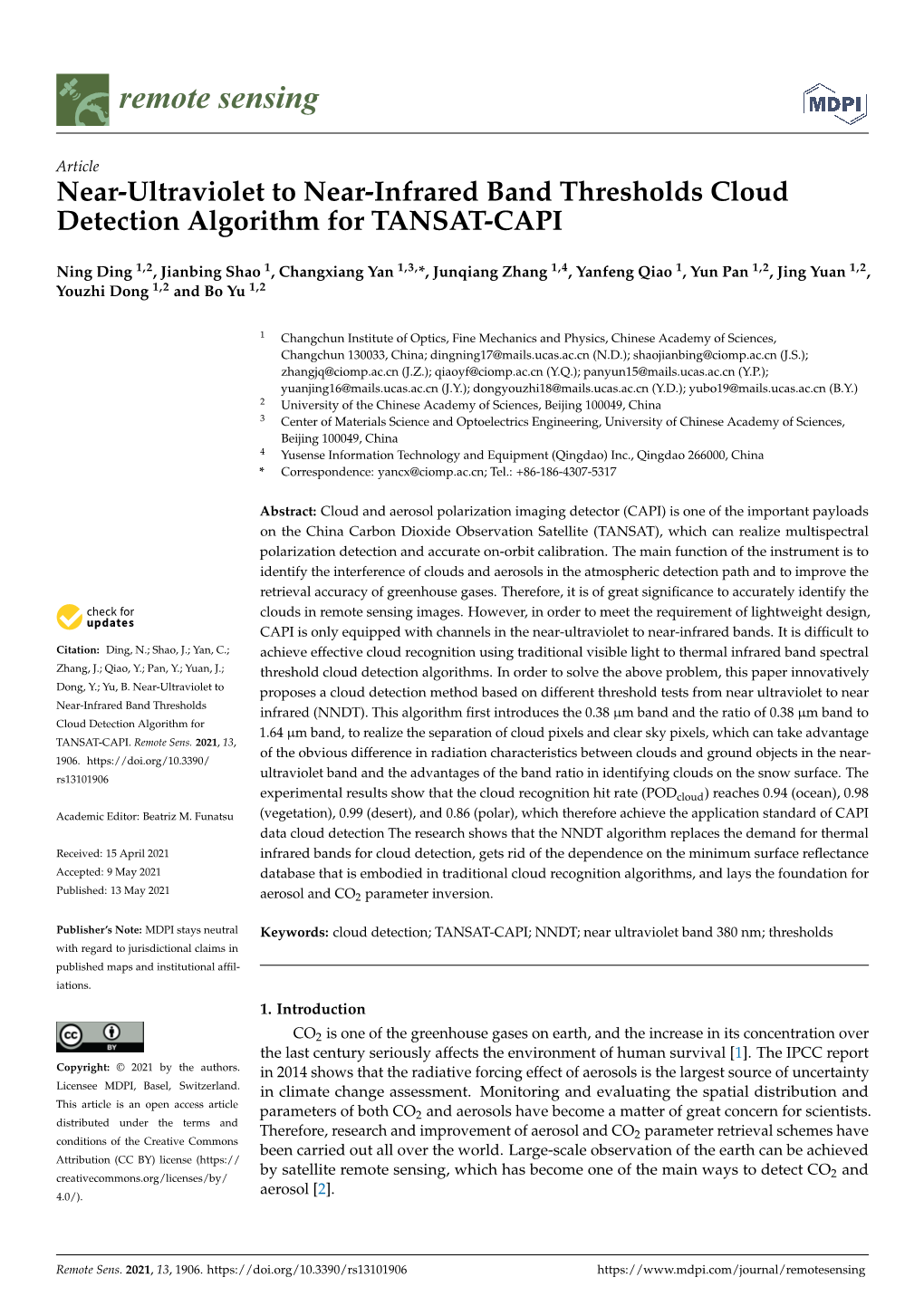 Near-Ultraviolet to Near-Infrared Band Thresholds Cloud Detection Algorithm for TANSAT-CAPI