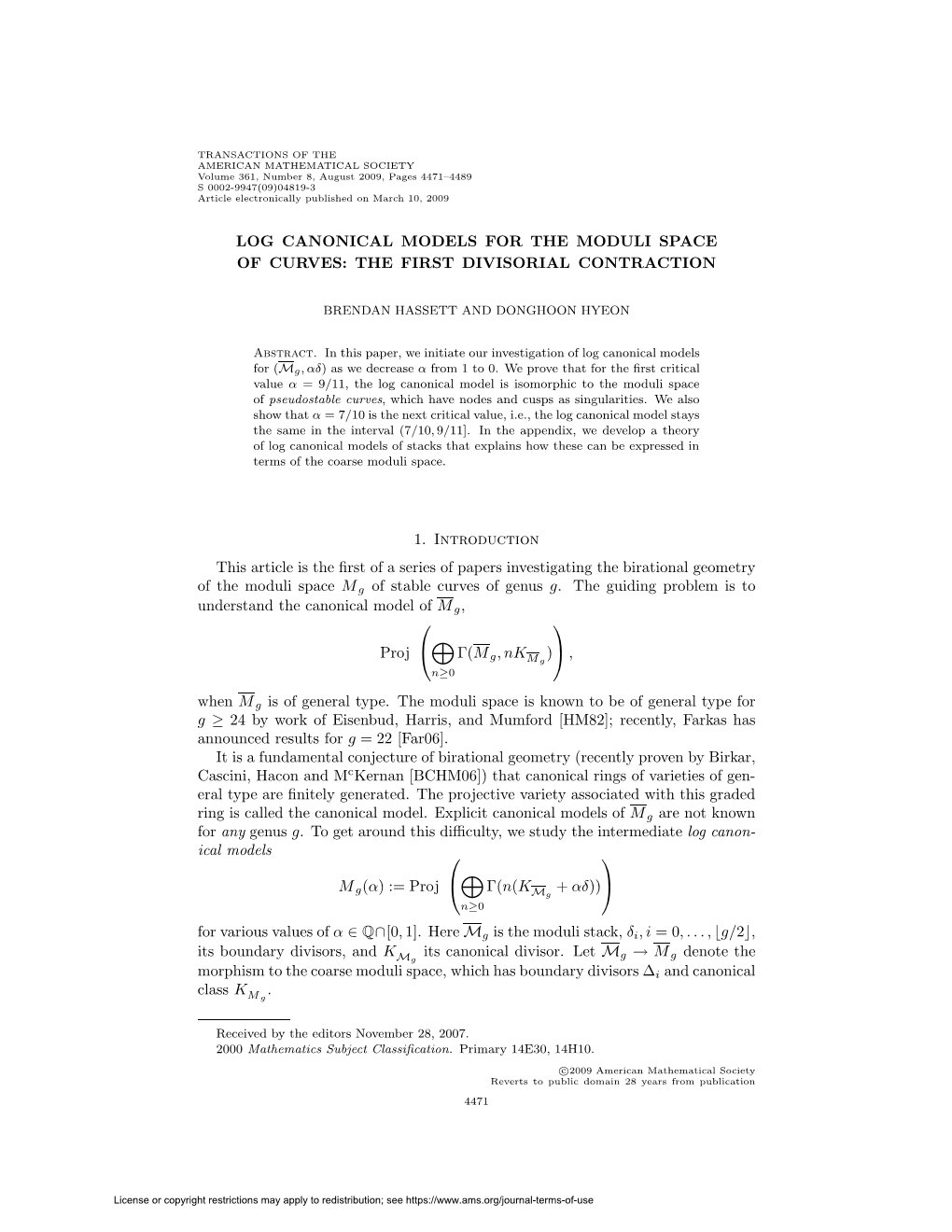Log Canonical Models for the Moduli Space of Curves: the First Divisorial Contraction