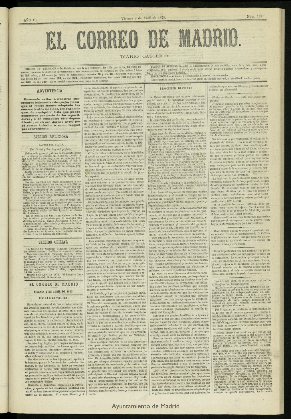 El Correo De Madrid : Diario Católico Del 9 De Abril De 1875, Nº