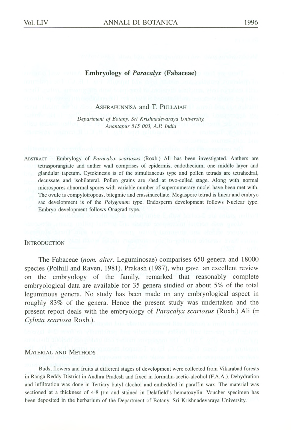 Voi. LIV ANNALI DI BOTANICA 1996 Embryology of Paracalyx