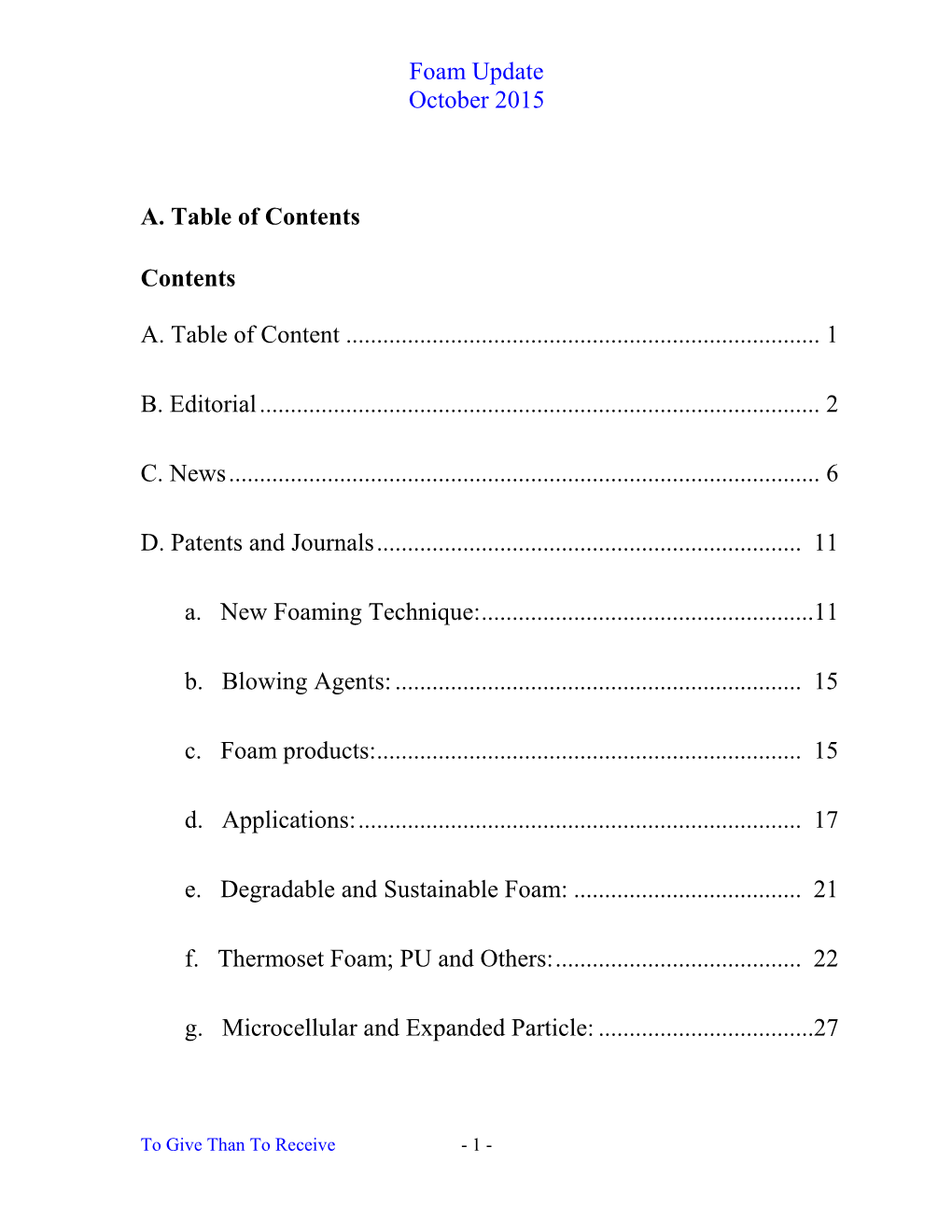 Foam Update October 2015 A. Table of Contents Contents A. Table Of
