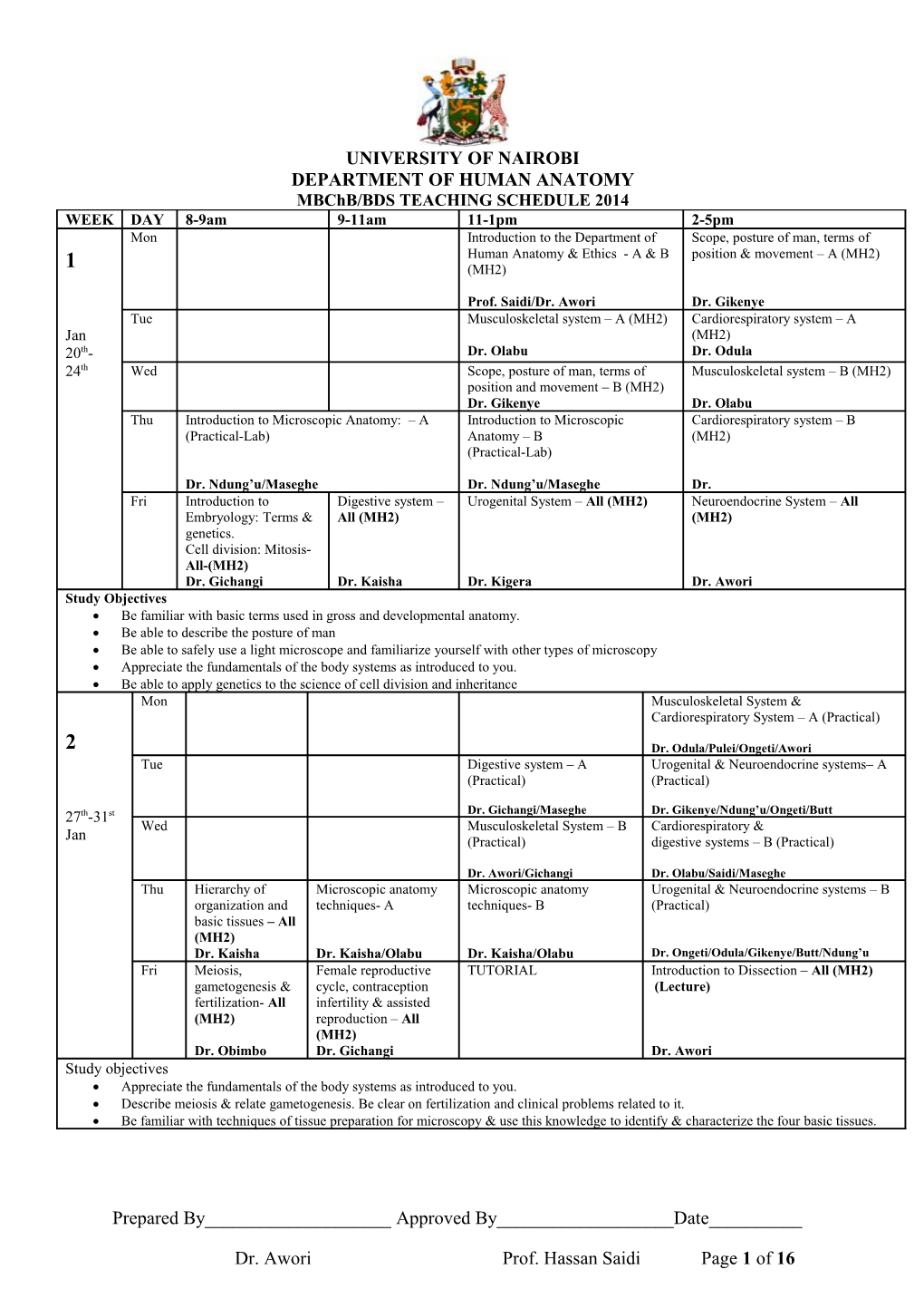 Mbchb/BDS TEACHING SCHEDULE 2014