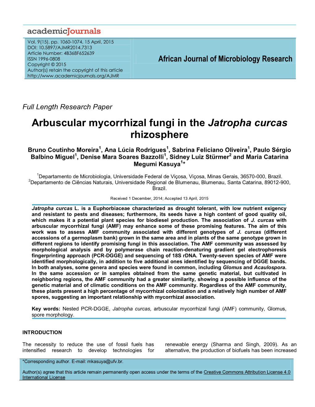 Arbuscular Mycorrhizal Fungi in the Jatropha Curcas Rhizosphere