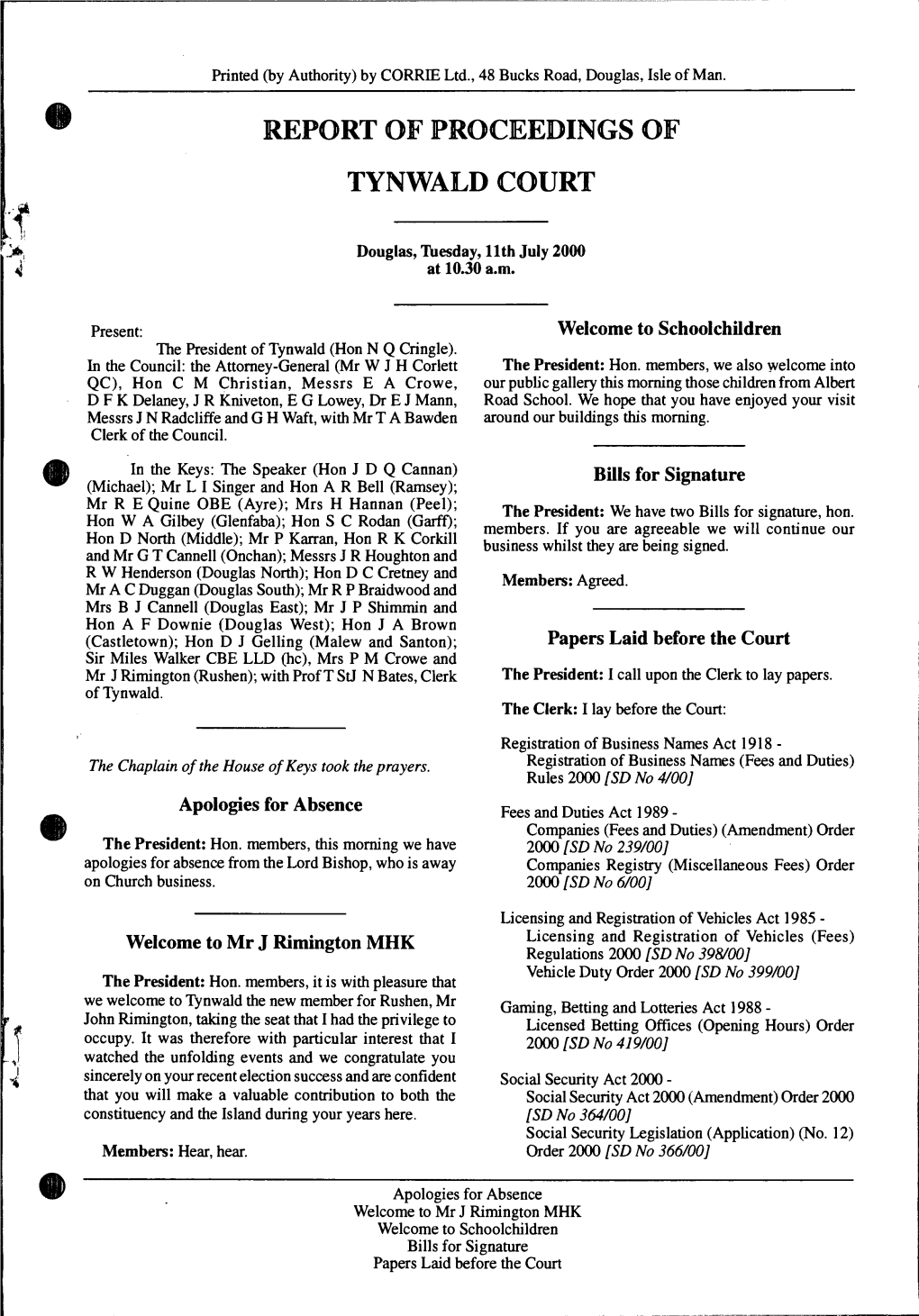 Report of Proceedings of Tynwald Court