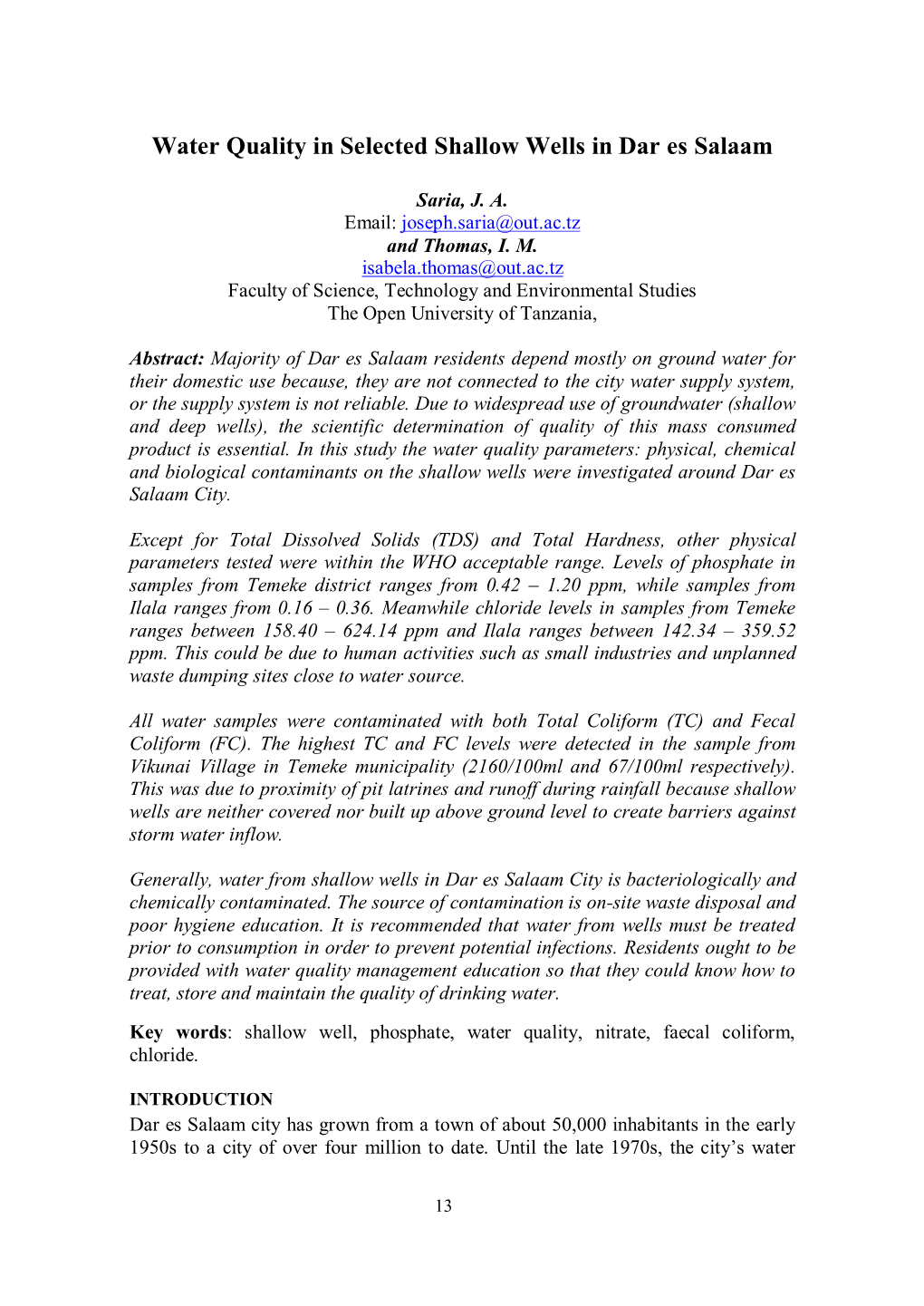 Water Quality in Selected Shallow Wells in Dar Es Salaam