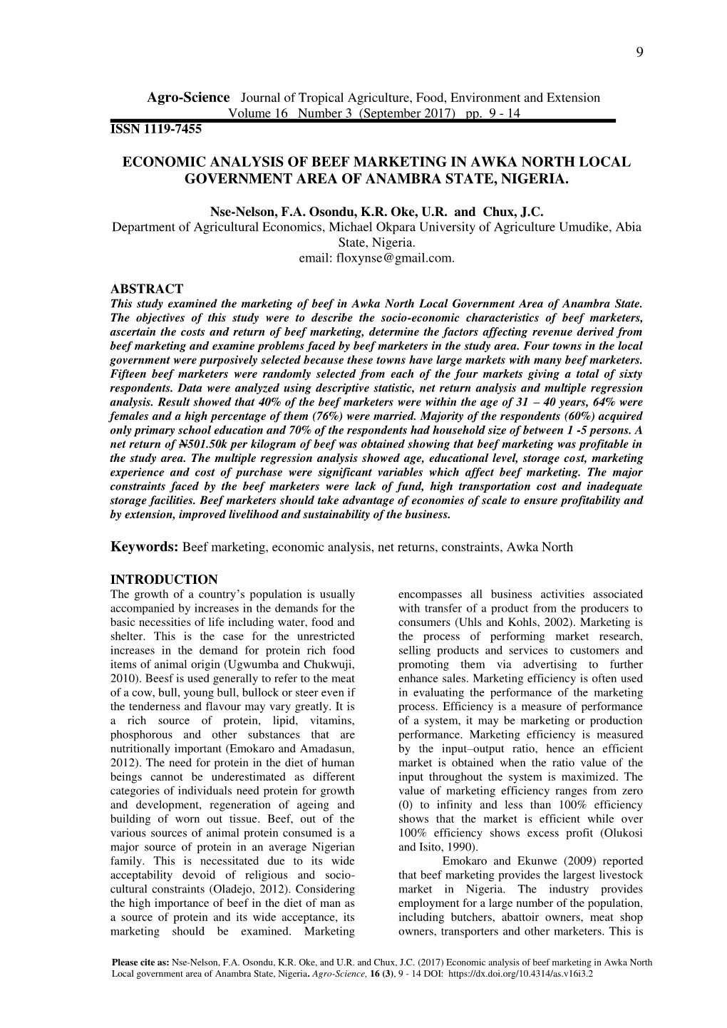 9 Economic Analysis of Beef Marketing in Awka North