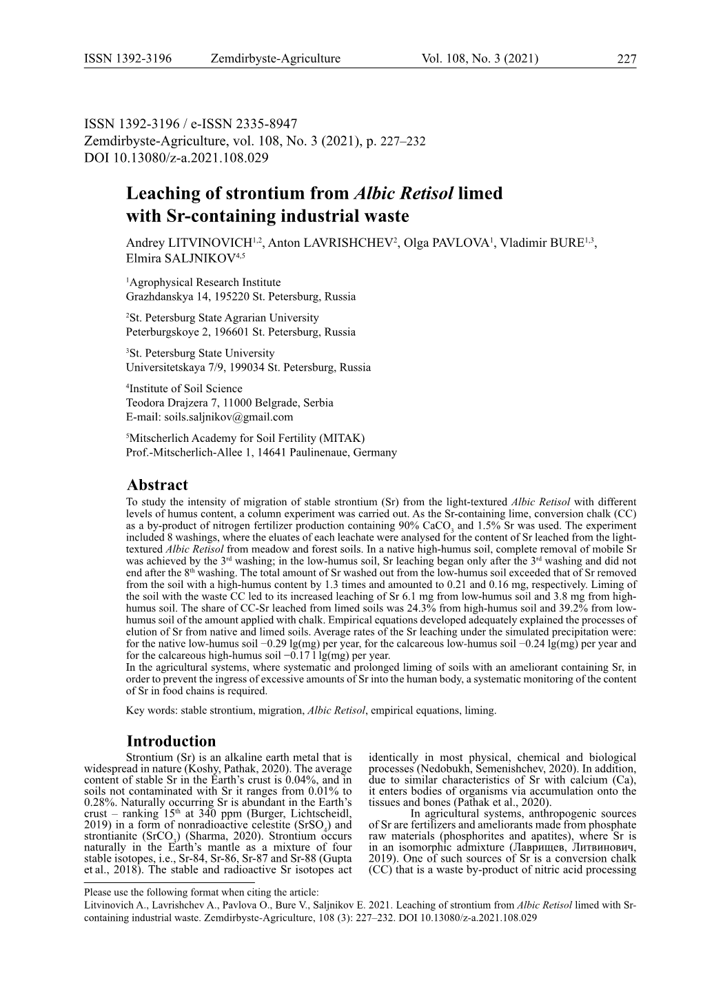 Leaching of Strontium from Albic Retisol Limed with Sr-Containing