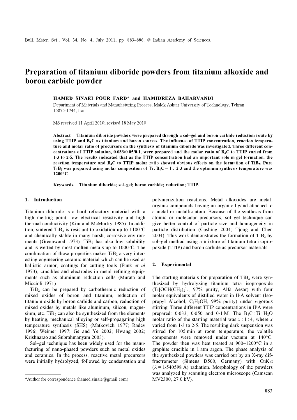 Preparation of Titanium Diboride Powders from Titanium Alkoxide and Boron Carbide Powder