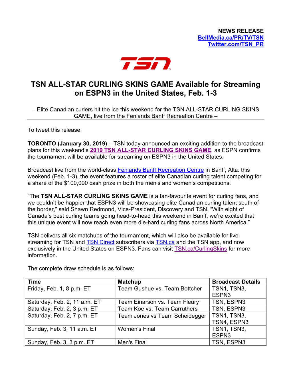 TSN All-Star Curling Skins Game Available for Streaming on ESPN 3