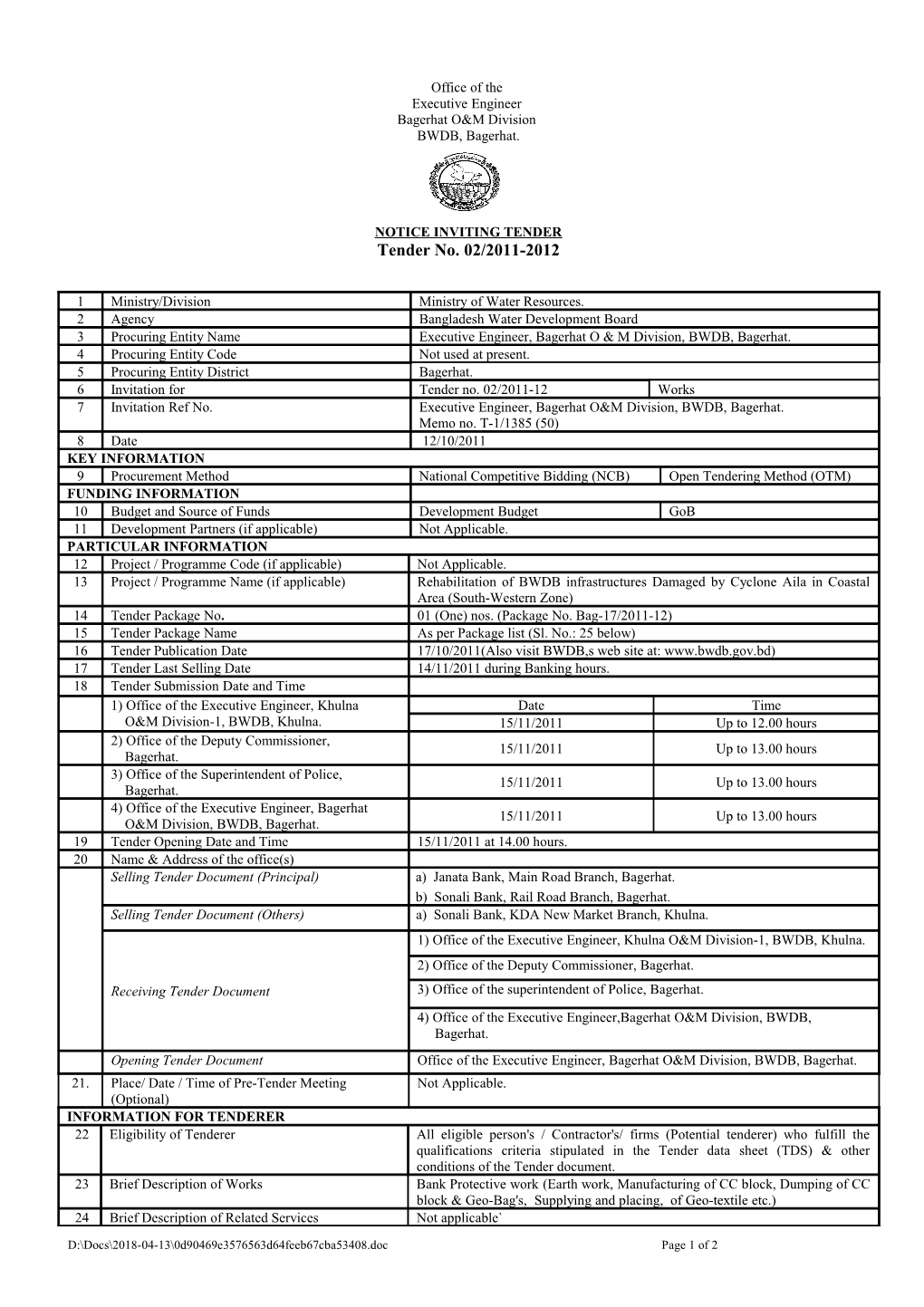 Invitation of Tenders