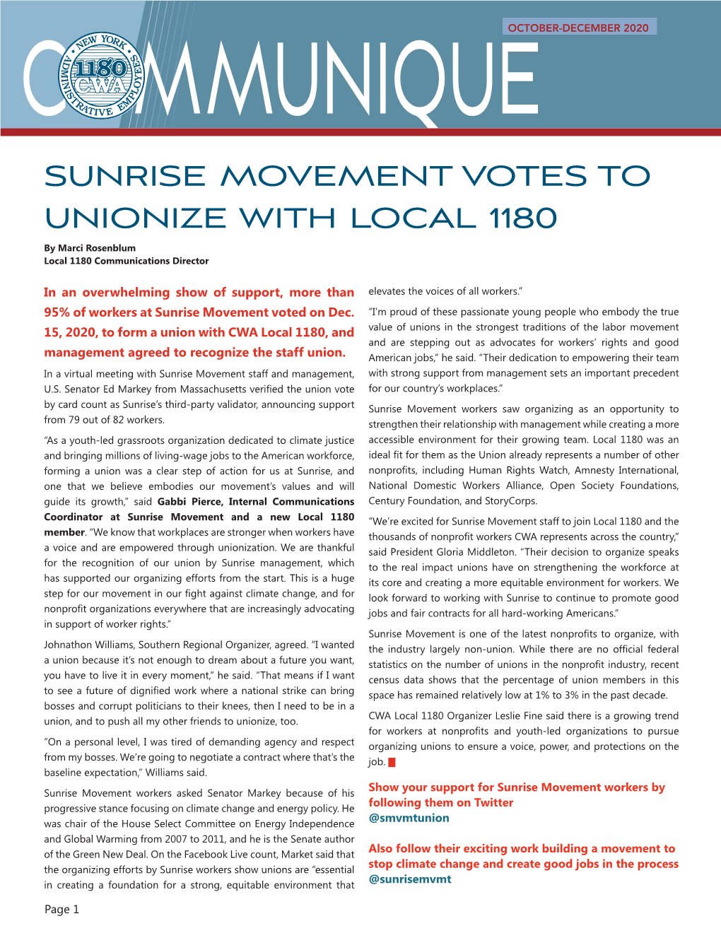 SUNRISE MOVEMENT VOTES to UNIONIZE with LOCAL 1180 by Marci Rosenblum Local 1180 Communications Director