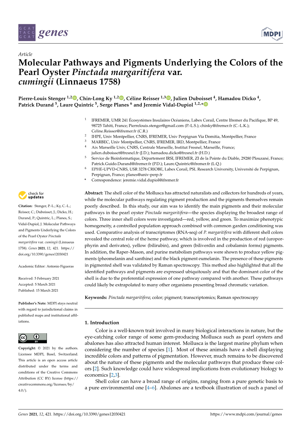 Molecular Pathways and Pigments Underlying the Colors of the Pearl Oyster Pinctada Margaritifera Var.Cumingii