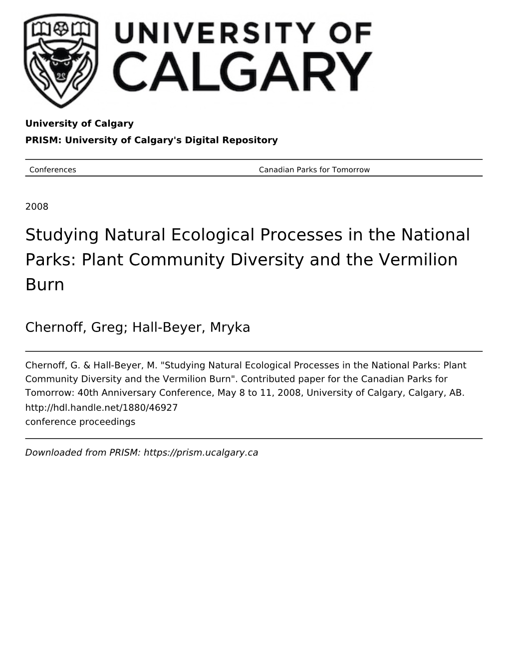 Studying Natural Ecological Processes in the National Parks: Plant Community Diversity and the Vermilion Burn