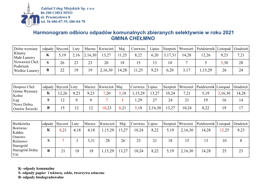 Harmonogram Odbioru Odpadów Komunalnych Zbieranych Selektywnie W Roku 2021 GMINA CHEŁMNO
