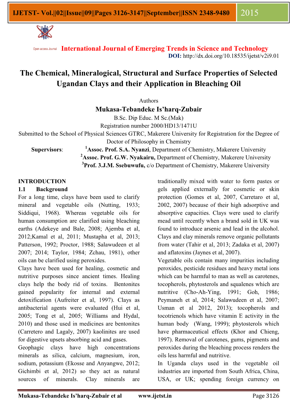 The Chemical, Mineralogical, Structural and Surface Properties of Selected Ugandan Clays and Their Application in Bleaching Oil