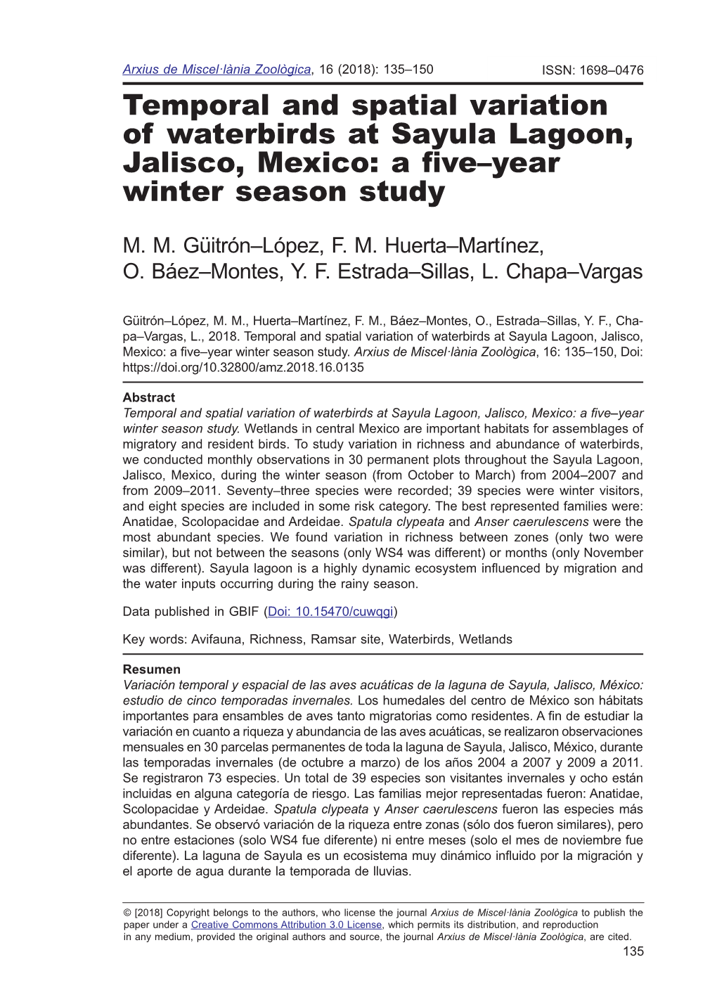 Temporal and Spatial Variation of Waterbirds at Sayula Lagoon, Jalisco, Mexico: a Five–Year Winter Season Study