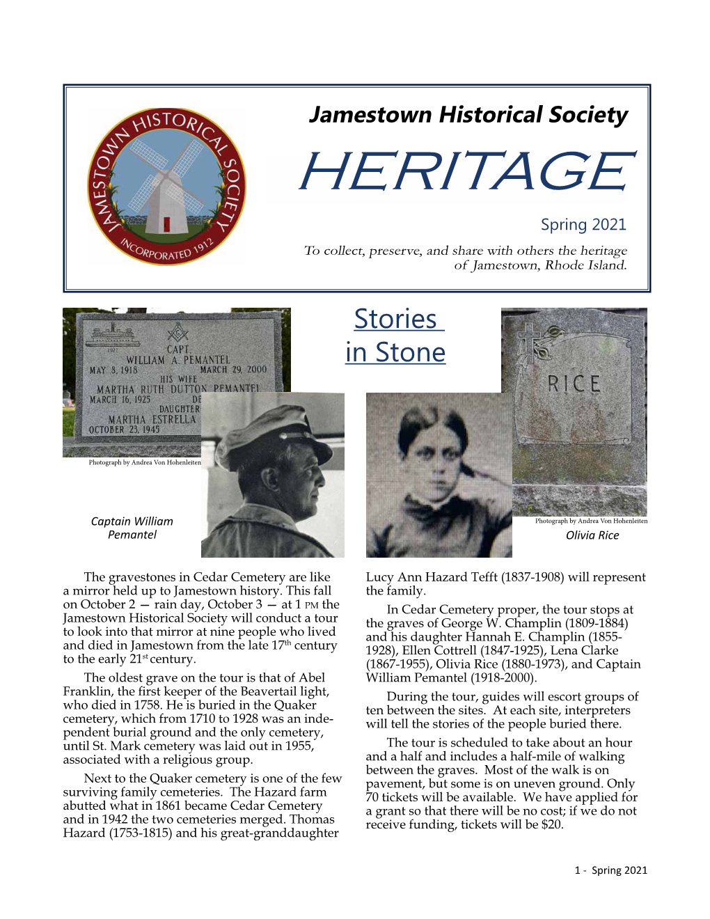 Spring 2021 to Collect, Preserve, and Share with Others the Heritage of Jamestown, Rhode Island