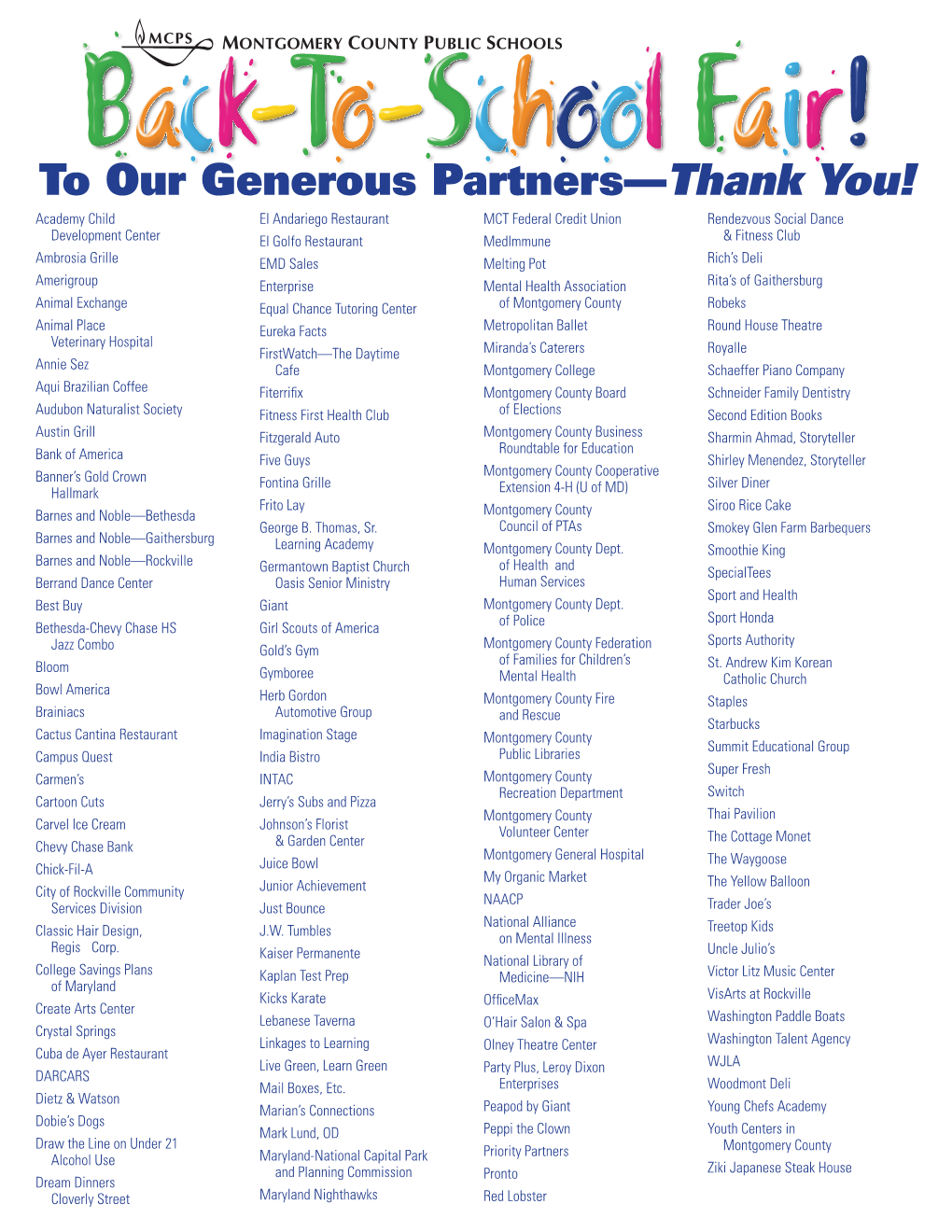 To Our Generous Partners—Thank You!