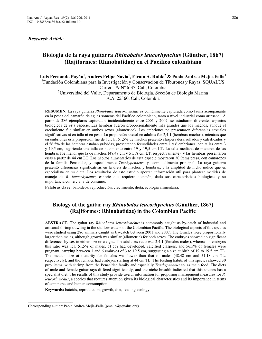 Biología De La Raya Guitarra Rhinobatos Leucorhynchus (Günther, 1867) (Rajiformes: Rhinobatidae) En El Pacífico Colombiano