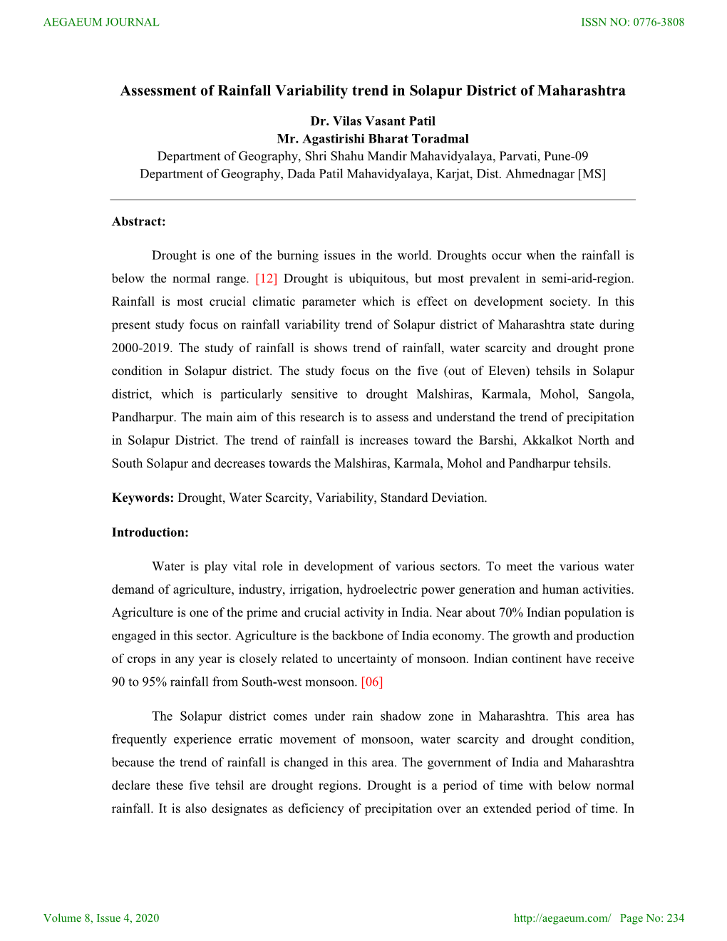 Assessment of Rainfall Variability Trend in Solapur District of Maharashtra