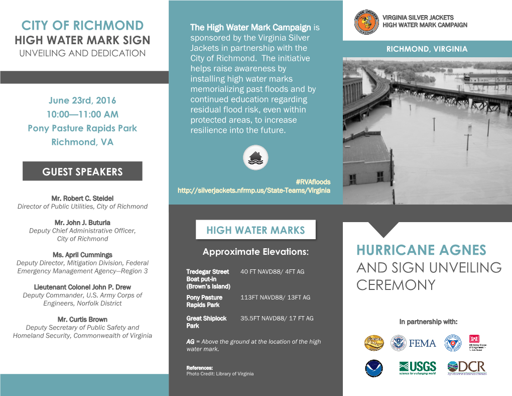 Brochure for the Hurricane Agnes and Sign Unveiling Ceremony