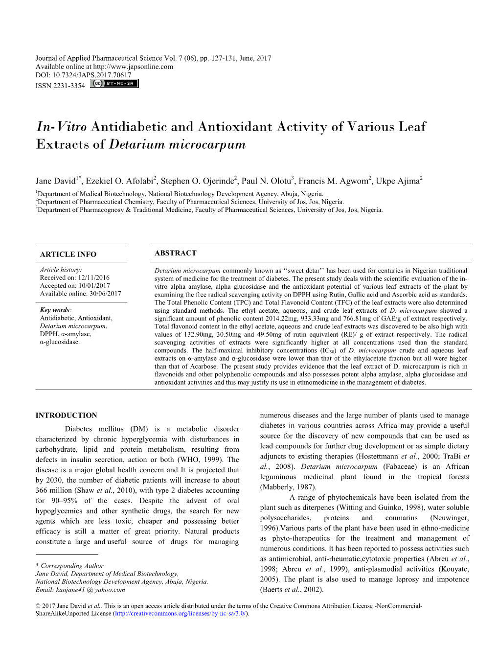 In-Vitro Antidiabetic and Antioxidant Activity of Various Leaf Extracts of Detarium Microcarpum