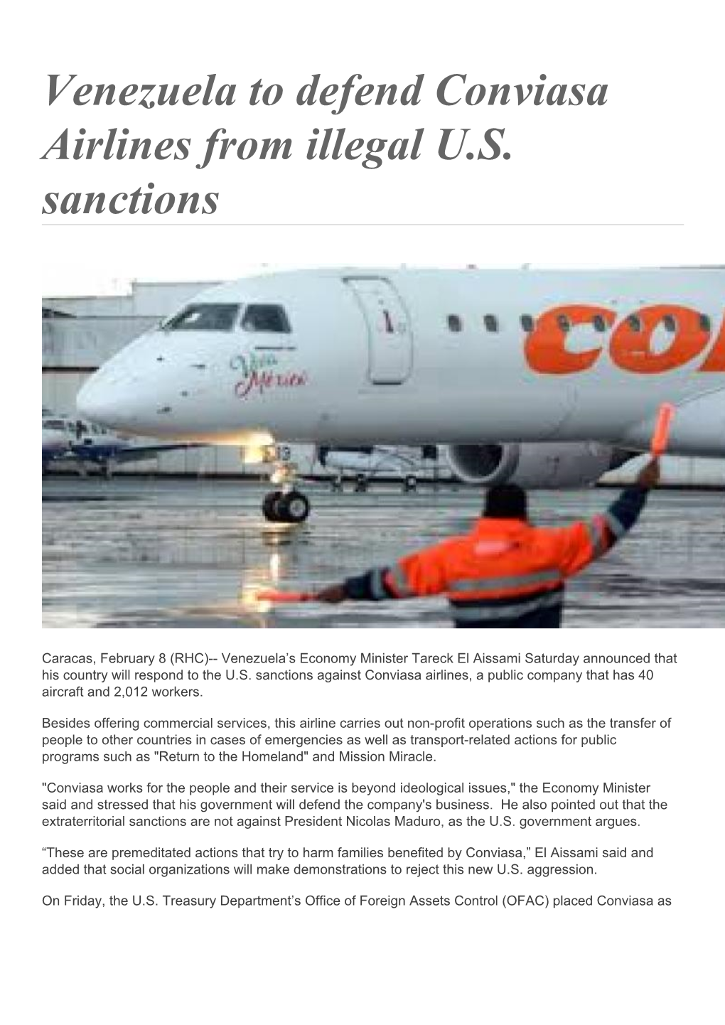 Venezuela to Defend Conviasa Airlines from Illegal U.S. Sanctions