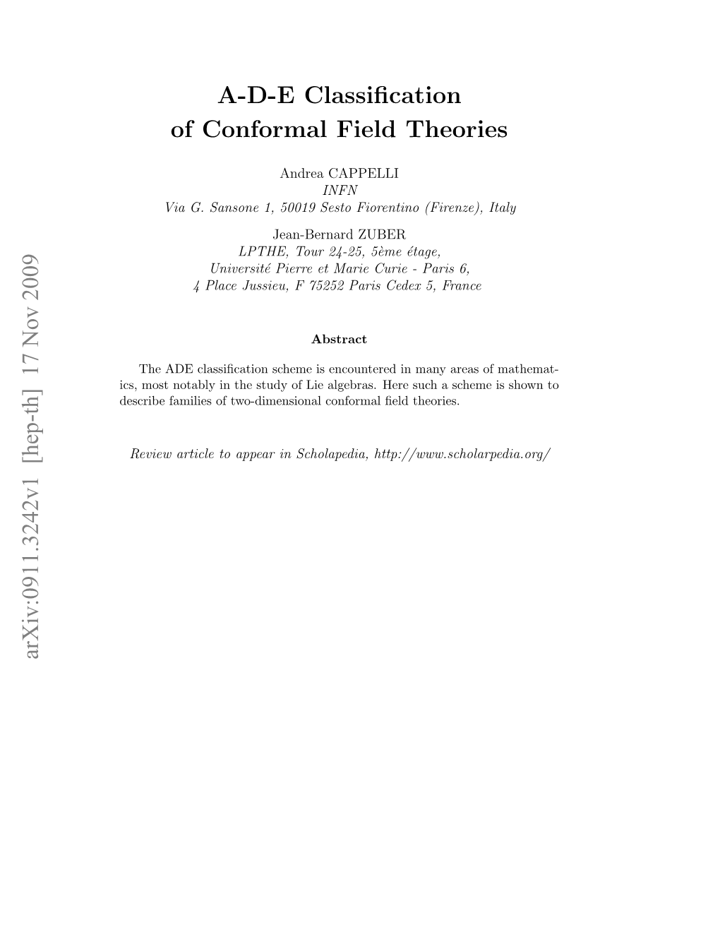 A-D-E Classification of Conformal Field Theories Arxiv:0911.3242V1