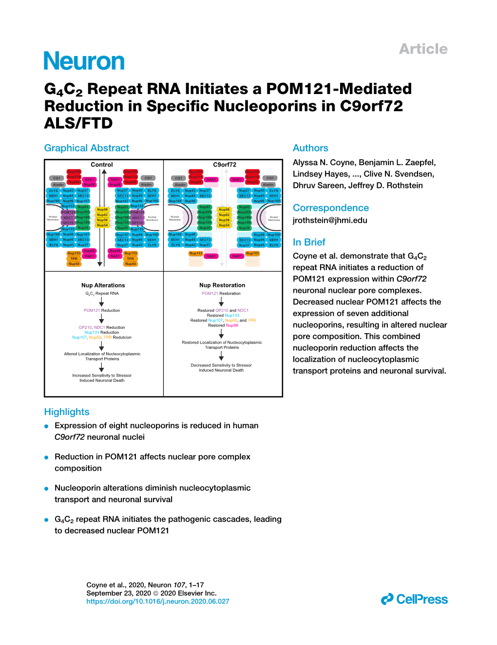 G4C2 Repeat RNA Initiates a POM121-Mediated Reduction in Speciﬁc Nucleoporins in C9orf72 ALS/FTD