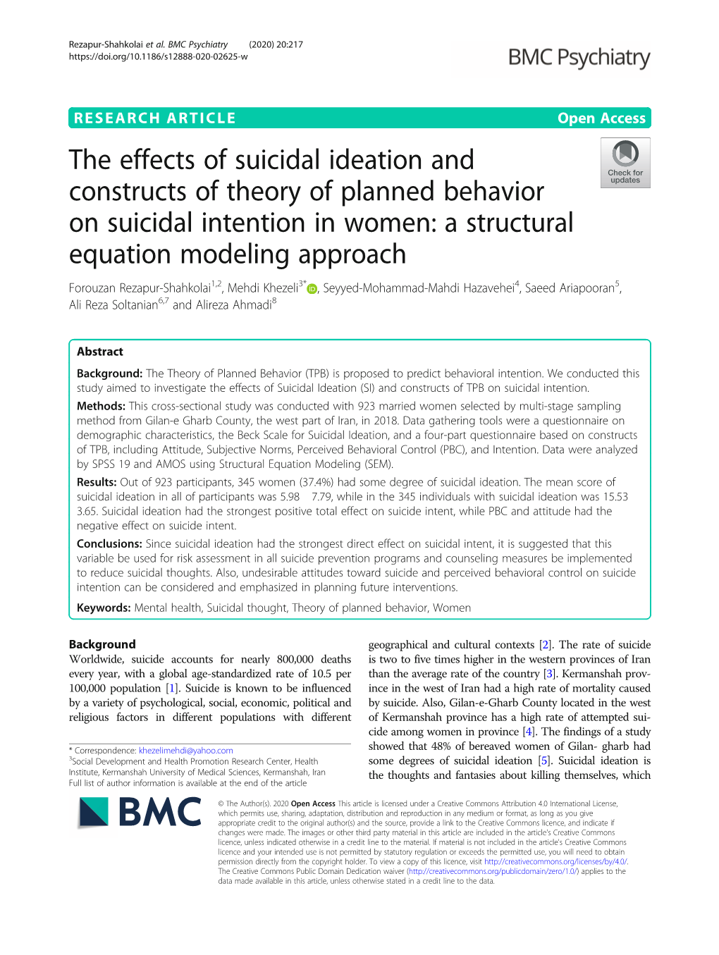 The Effects of Suicidal Ideation and Constructs of Theory of Planned Behavior on Suicidal Intention in Women