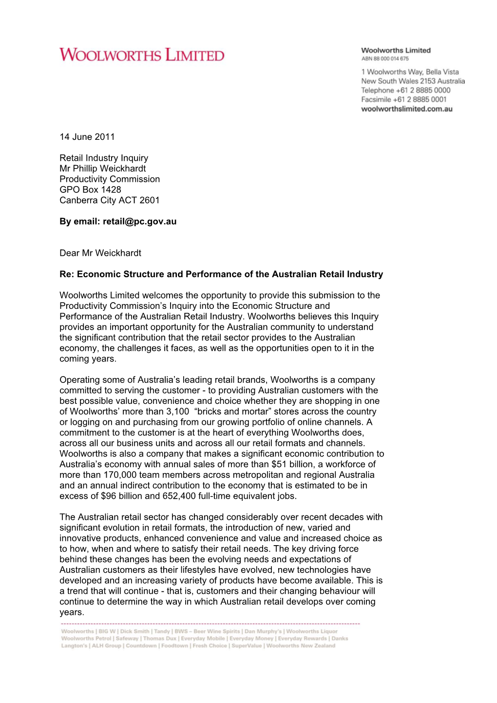 Submission to the Productivity Commission’S Inquiry Into the Economic Structure and Performance of the Australian Retail Industry