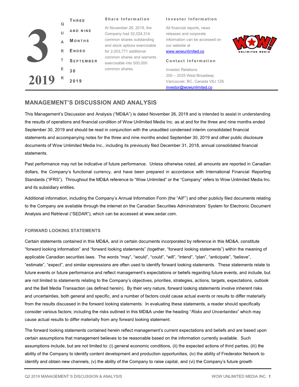 Management's Discussion and Analysis