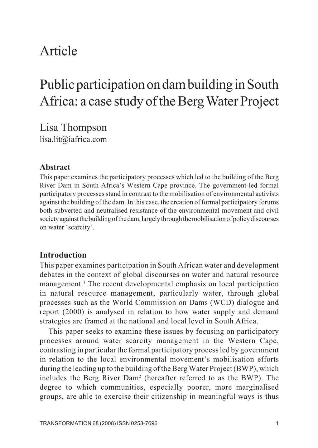Article Public Participation on Dam Building in South Africa: a Case