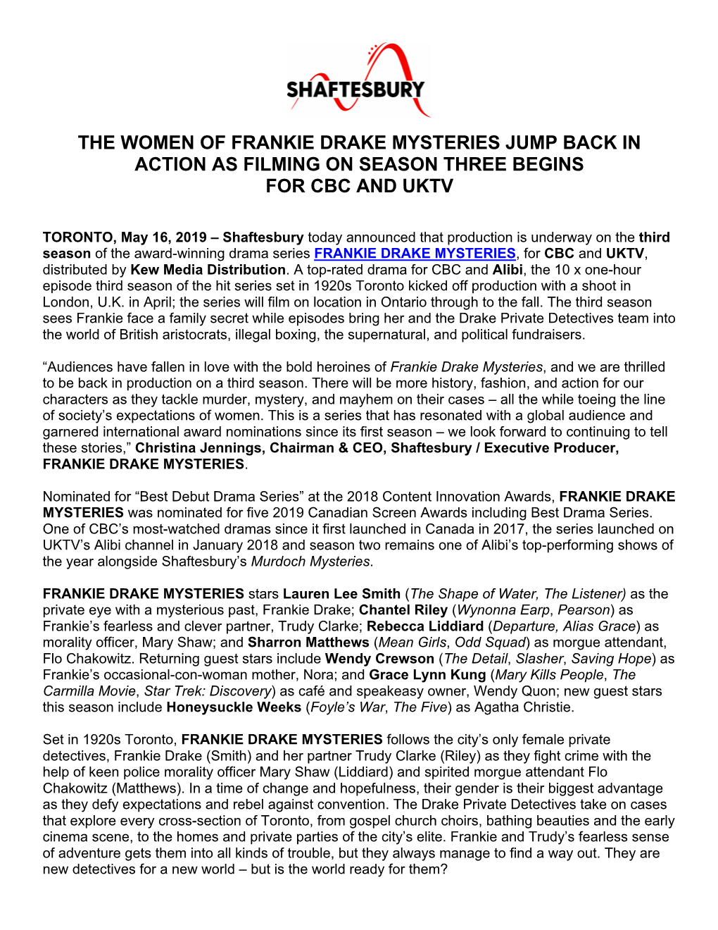 The Women of Frankie Drake Mysteries Jump Back in Action As Filming on Season Three Begins for Cbc and Uktv