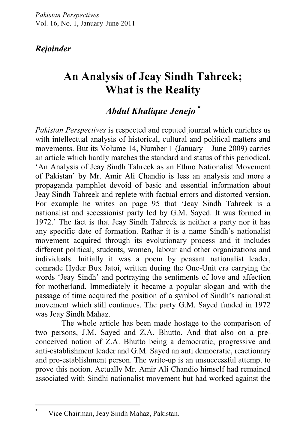 An Analysis of Jeay Sindh Tahreek; What Is the Reality