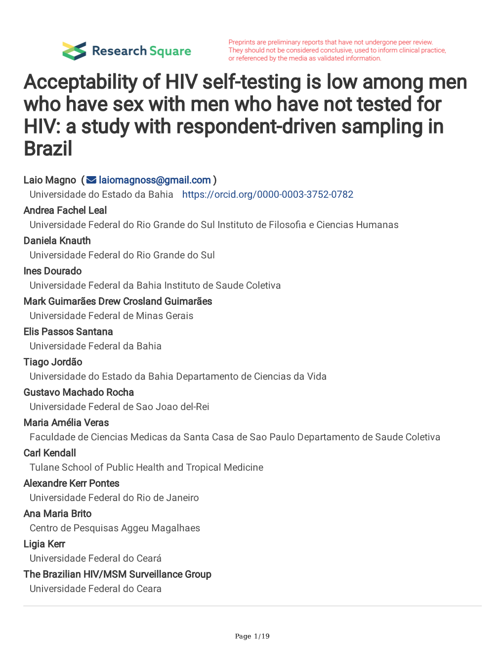 Acceptability of HIV Self-Testing Is Low Among Men Who Have Sex with Men Who Have Not Tested for HIV: a Study with Respondent-Driven Sampling in Brazil