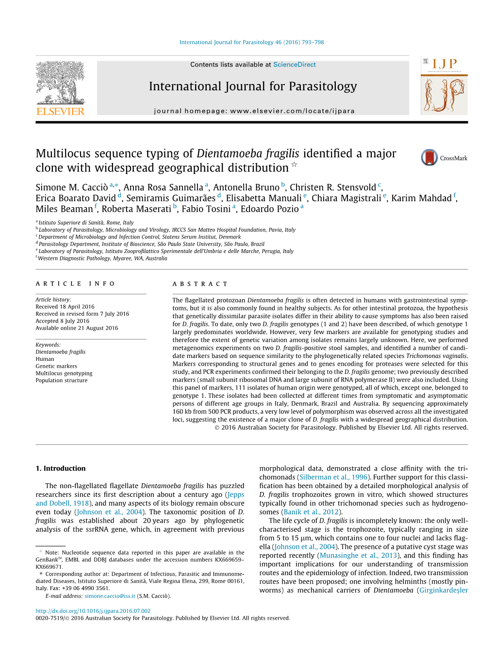 Multilocus Sequence Typing of Dientamoeba Fragilis Identified A