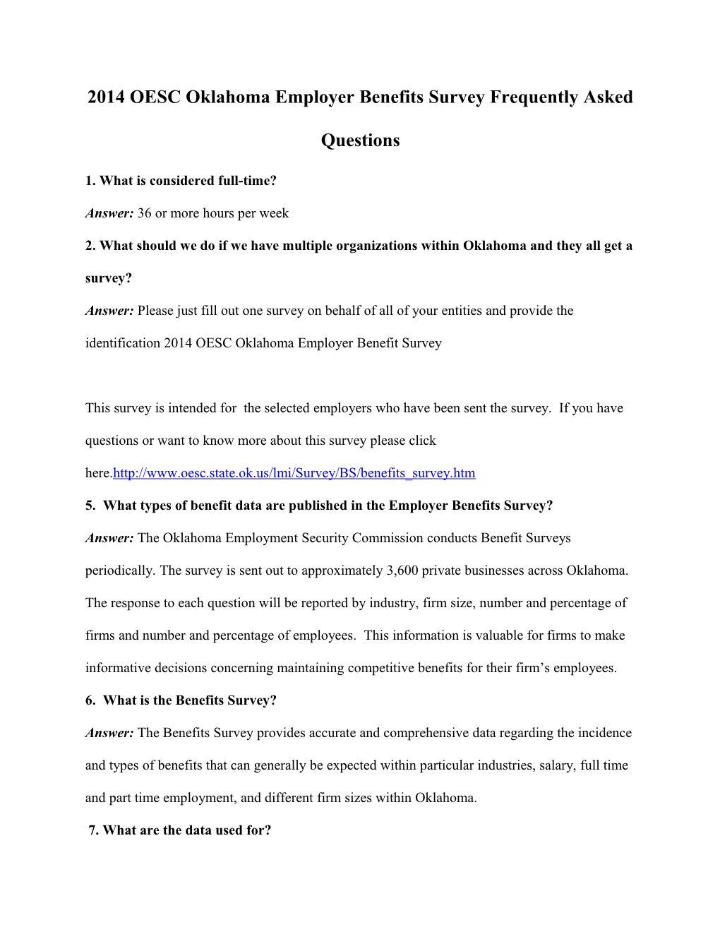 2014 OESC Oklahoma Employer Benefits Survey Frequently Asked Questions