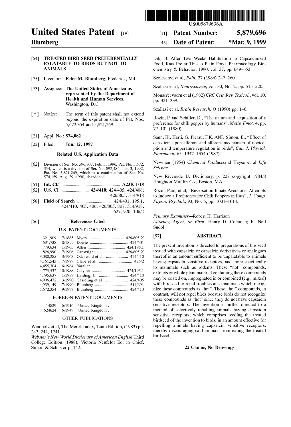 United States Patent (19) 11 Patent Number: 5,879,696 Blumberg (45) Date of Patent: *Mar