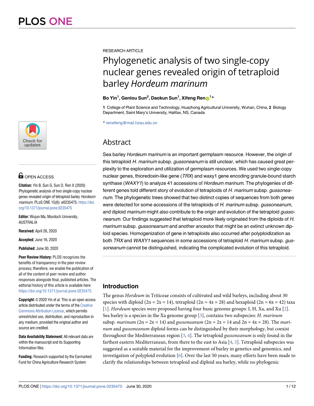 Phylogenetic Analysis of Two Single-Copy Nuclear Genes Revealed Origin of Tetraploid Barley Hordeum Marinum