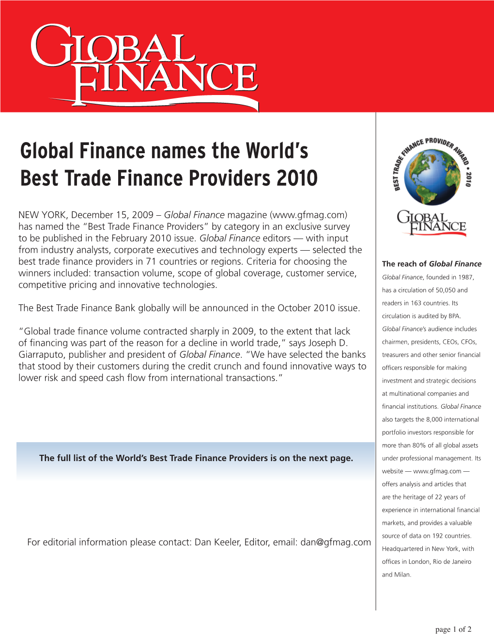 Global Finance Names the World's Best Trade Finance Providers 2010