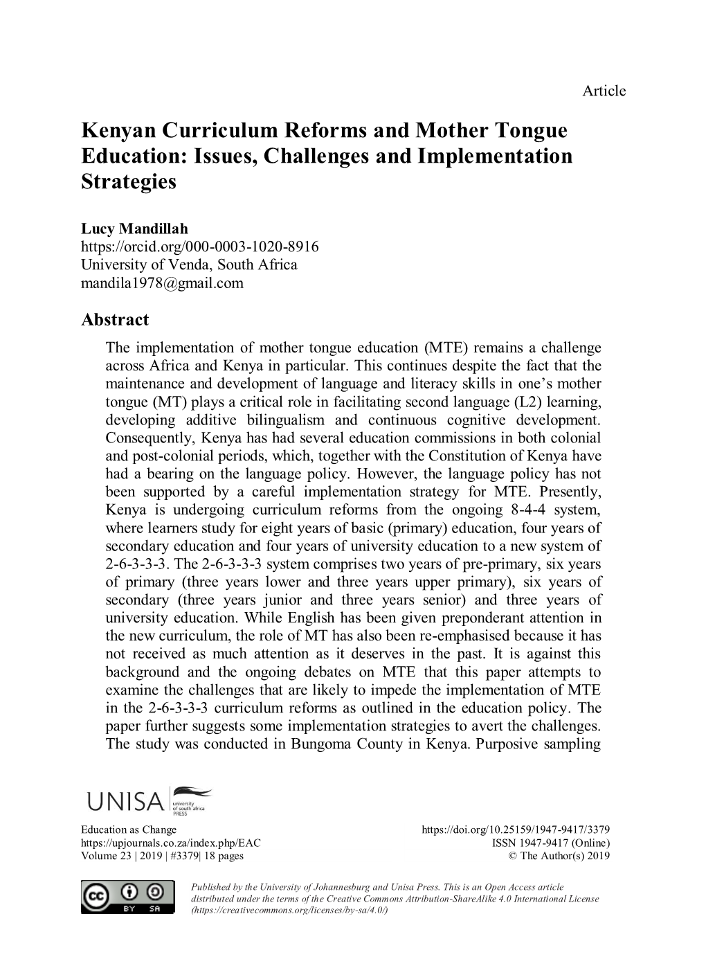 Kenyan Curriculum Reforms and Mother Tongue Education: Issues, Challenges and Implementation Strategies