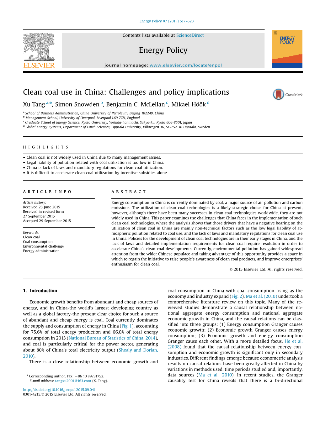 Clean Coal Use in China Challenges and Policy Implications