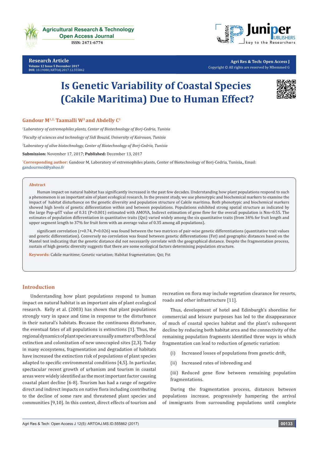 Is Genetic Variability of Coastal Species (Cakile Maritima) Due to Human Effect?