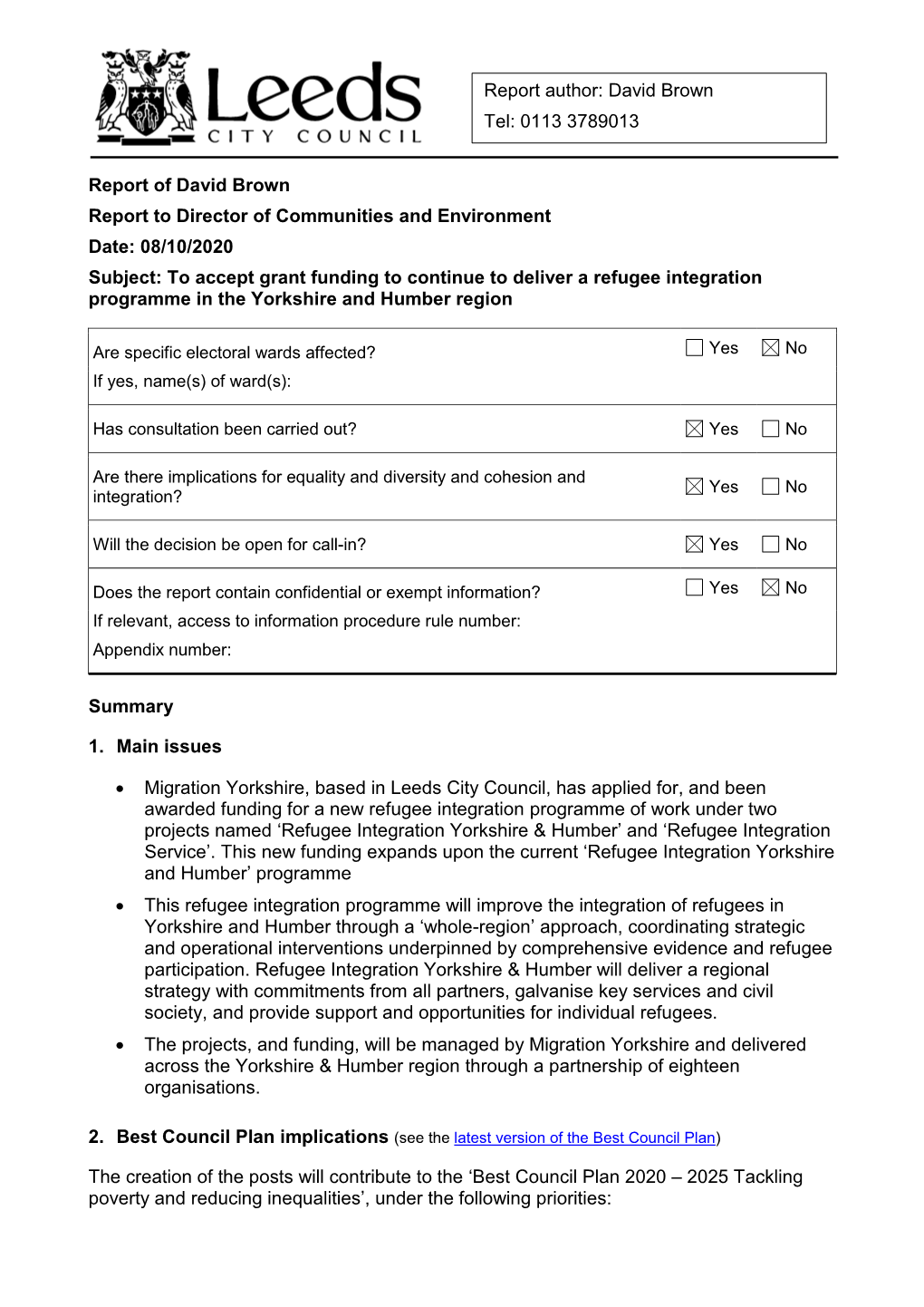 Corporate Report Template for Committee And