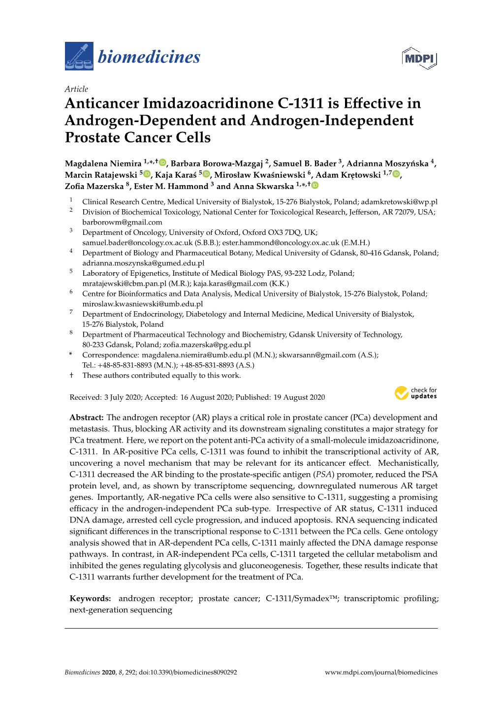 Anticancer Imidazoacridinone C-1311 Is Effective in Androgen-Dependent