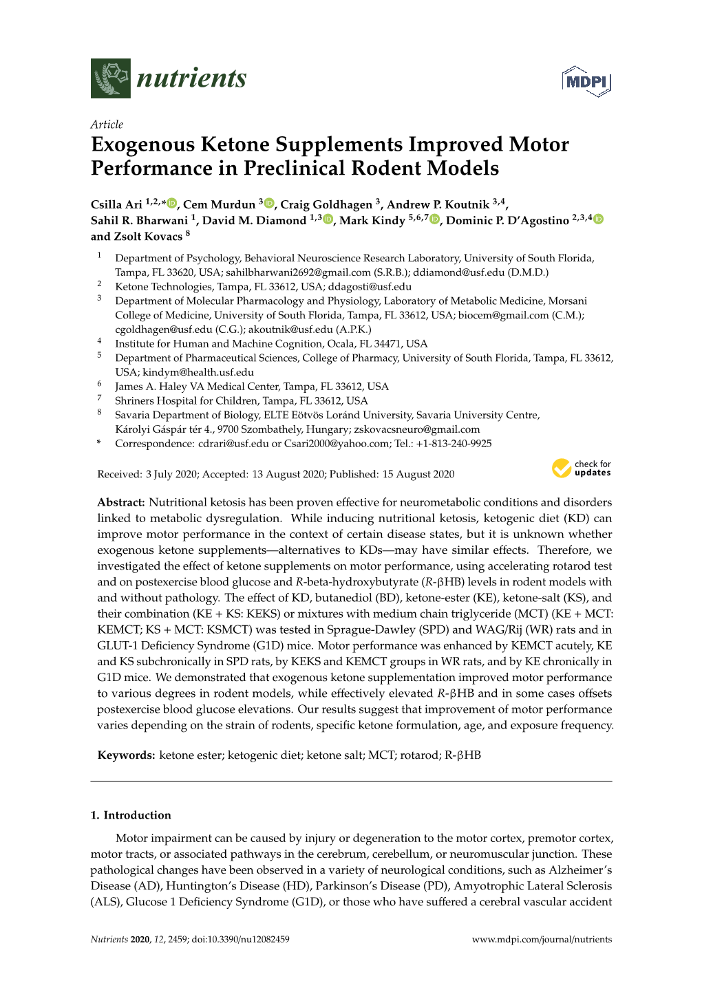 Exogenous Ketone Supplements Improved Motor Performance in Preclinical Rodent Models