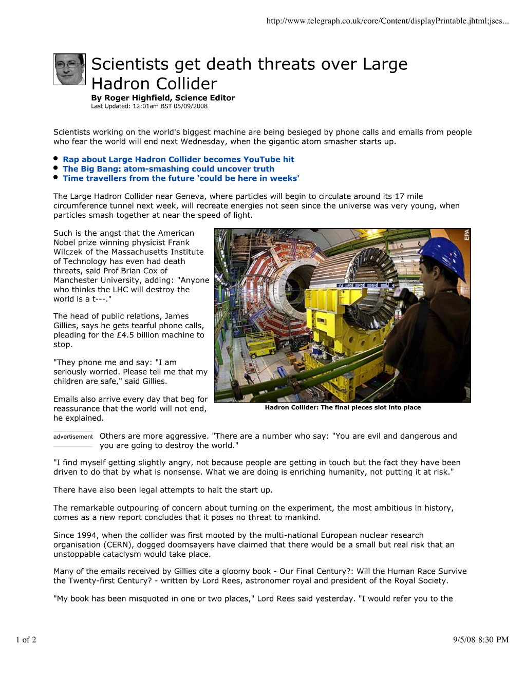 Large Hadron Collidor Death Threats