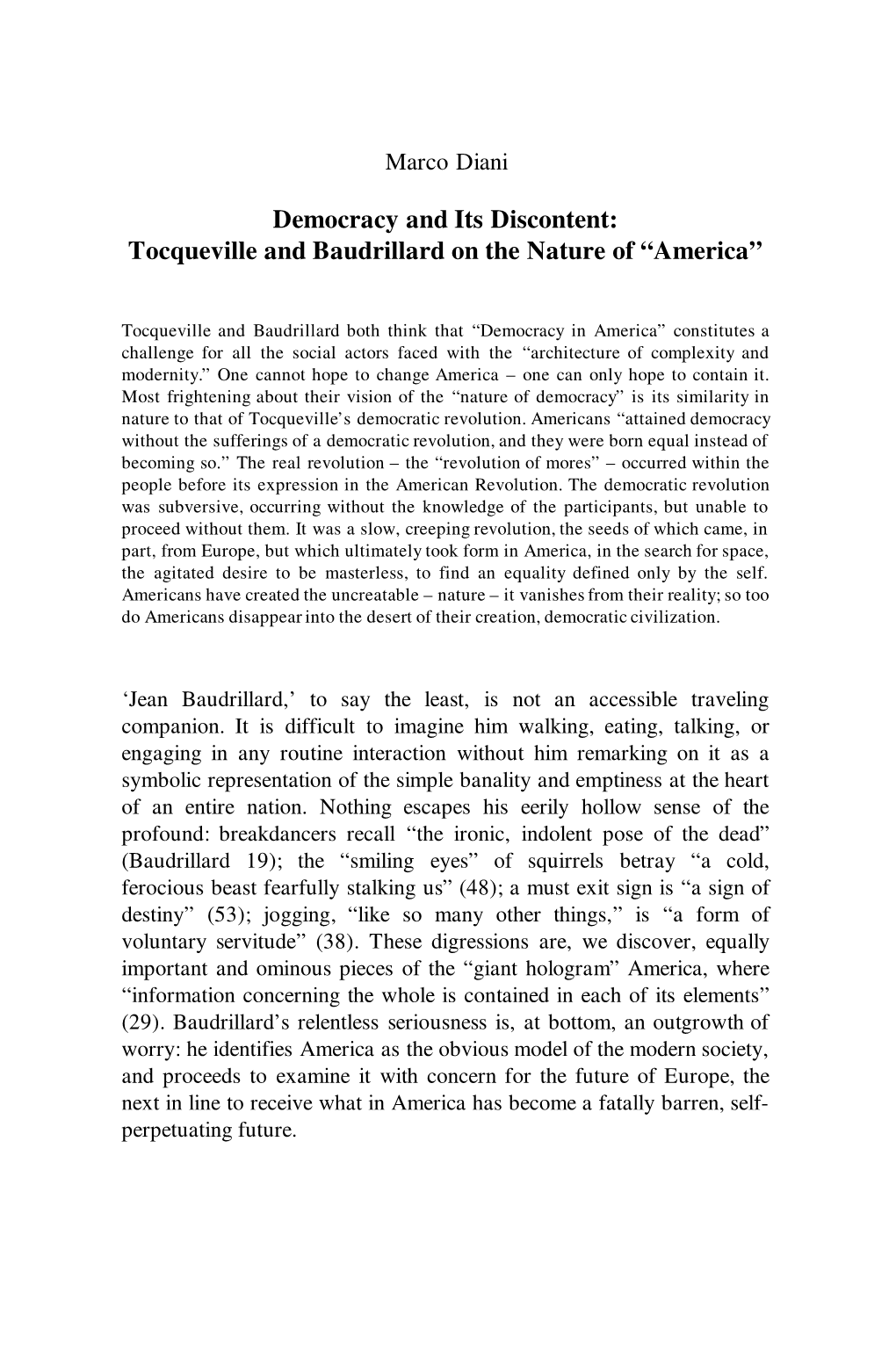 Tocqueville and Baudrillard on the Nature of “America”