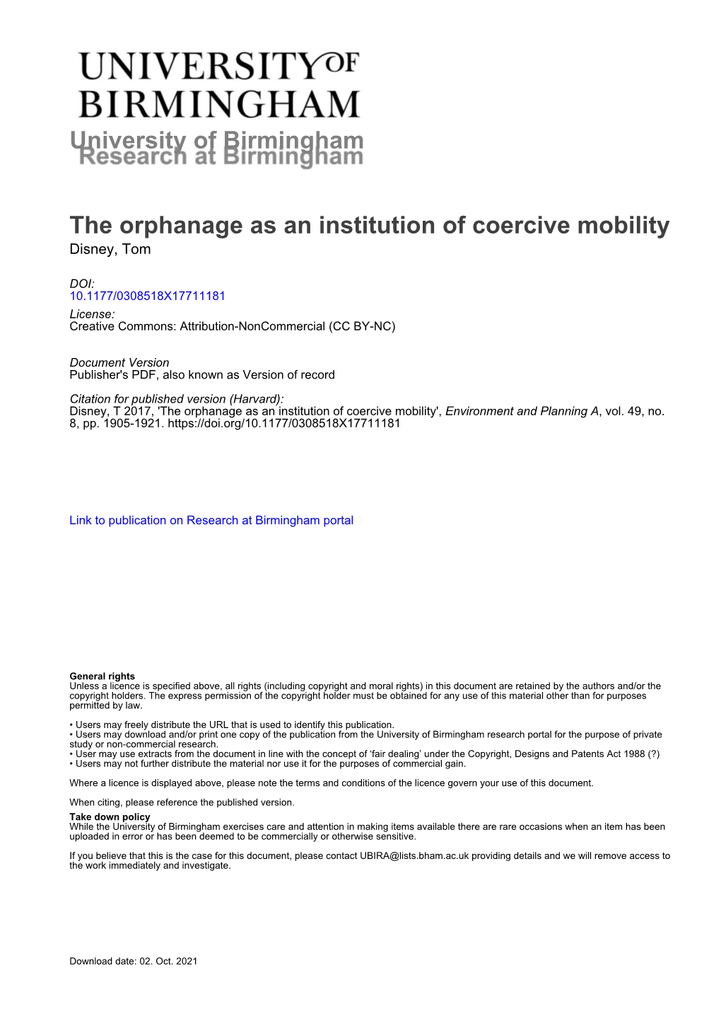 The Orphanage As an Institution of Coercive Mobility Disney, Tom